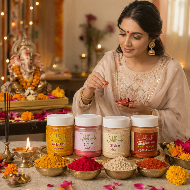 Puja Powder Combo (Haldi Kumkum, Ashtagandh, Abeer, Gulal) – 6