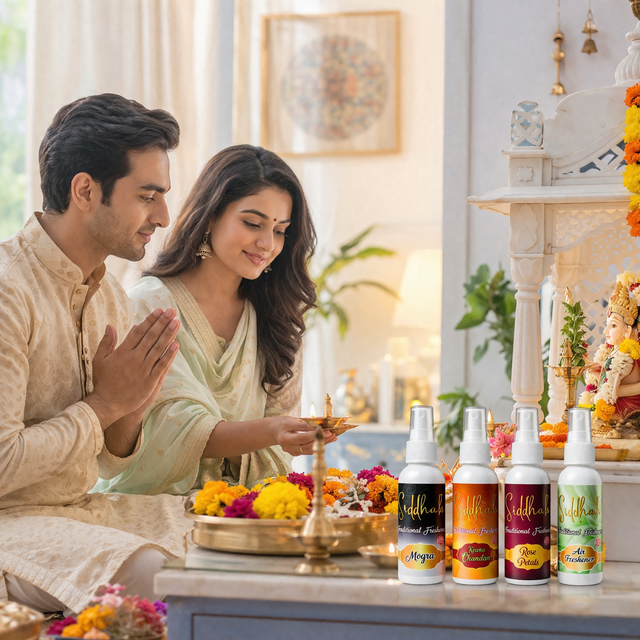 सुगंध स्प्रे कॉम्बो (केसर चंदन, मोगरा, गुलाब, पूजा फ्रेशनर) – 5